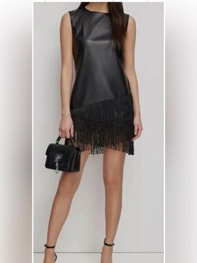 Dkny Black Asymmetrical Fringe Mini Dress